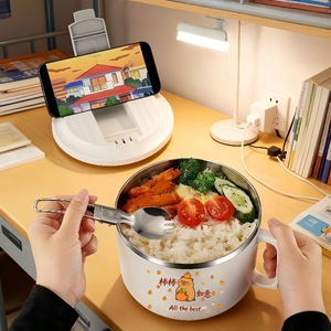 Bol à nouilles instantanées en acier inoxydable avec emplacement pour couverts, grande capacité, design rond, pour les voyages et le bureau - Product Image 3