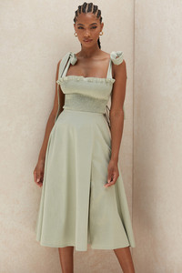 Prendisole Midi in camicia verde salvia elegante elegante abito estivo con spacco laterale Sexy - Product Image 3