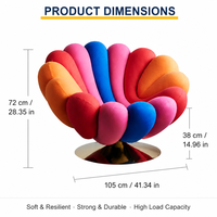 Fauteuil pivotant moderne et artistique avec accents de pétales de fleurs, coloré arc-en-ciel, en velours doux et pieds en métal