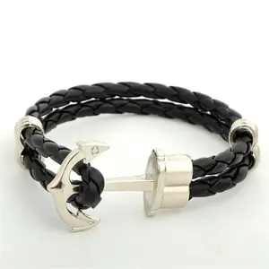 Wholesale Ship Anchor Charm Leather Double Wrap Braided Hook Anchor Nautical Bracelet