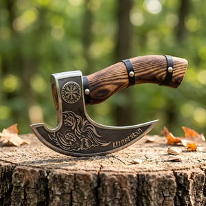 Cortador de Pizza Estilo Vikingo, Cuchillo Ulu Hecho a Mano con Hoja Grabada, Mango de Madera Resistente con Agarre de Cuero, Incluye Funda de Cuero - Product Image 2