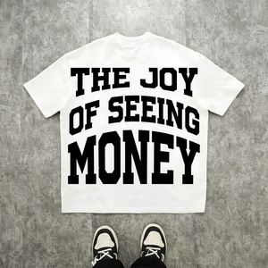 Camiseta de algodón blanca de manga corta con cuello redondo para hombre Joy Seeing Money, corte regular, transpirable, ecológica, estilo urbano. - Product Image 1