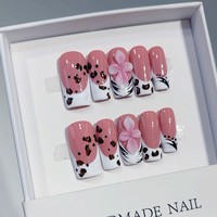 Lot de 10 faux ongles carrés faits main, base rose, pointe blanche, imprimé léopard, motif floral 3D, pour fiançailles