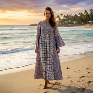 Robe Bohème Longue à Motifs Floraux Violet, Col en V, Manches Cloche, Coupe Droite, 100% Coton, Style Décontracté d'Été, pour la Plage, ODM - Product Image 1