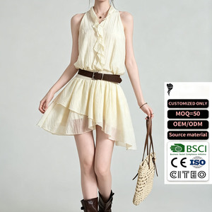 New Design OEM Women Halter Ruffle Mini <b>Dress</b> <b>Crinkle</b> Fabric Irregular Layer Summer Sleeveless Casual Beach <b>Dress</b> With Belt - Product Image 1