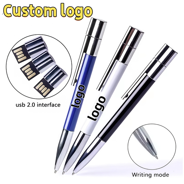 USB 2.0 Flash Drive Metal Ball Point Pen Memory Stick 128GB 64GB 32GB 16GB 8GB Pen Drive Custom logo Business Gift for Computer
