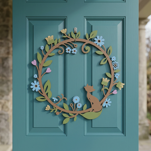 Corona de metal rústica con flores azules y hojas verdes, hecha a mano, decorativa, de forma redonda, sin iluminación, diseñada para uso en interiores. - Product Image 5