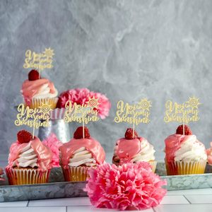 Décorations de cupcakes « You Are My Sunshine » avec paillettes dorées, soleil souriant, pour mariage, fiançailles, fête prénuptiale - Product Image 6