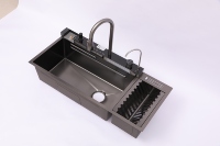 Évier de cuisine intelligent moderne 12045 avec lave-tasses haute pression, affichage numérique, robinet cascade, station de lavage de vaisselle Nano Noir