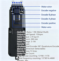 Moteur à engrenages CC TT avec rapport de réduction 1:90, encodeur Hall phase AB, couple élevé, arbre métallique, 3-9V pour kit de voiture robot intelligente DIY