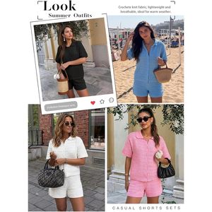 Conjunto de 2 piezas de verano para mujer, traje de playa de ganchillo, cárdigan con botones, pantalones cortos de punto sueltos, conjunto de vacaciones, cuello Peter Pan - Product Image 6