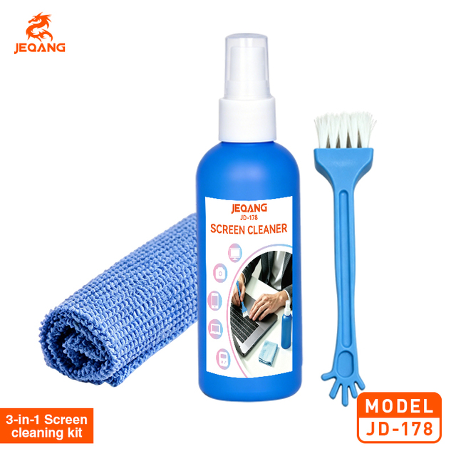 JEQANG JD-178 3-in-1 Multi-Surface Screen Cleaner Kit 100ML Portable Anti-static Cleaning Spray PVC Microfiber Cloth Brush for