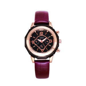 Montre octogonale en or rose pour femmes, cadran noir, bracelet en cuir violet, style chronographe, montre-bracelet à quartz - Product Image 3