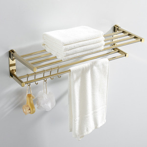 Porte-serviettes standard en cuivre double couche doré pour salle de bain, organisateur de rangement pliable avec crochets - Product Image 1