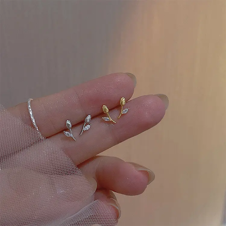 Small Delicate Gold Plated Pure 925 Sterling Silver Zircon Rose Flower Stud Earrings for Women Girls