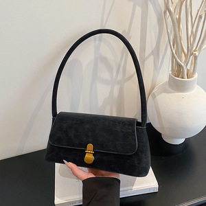 Minimalist Faux Suede Shoulder Bag With Gold Lock Closure Single Handle Brown Women's <b>Handbag</b> Daily Use All Seasons - Product Image 6