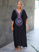 Noir col en V brodé plage caftan vacances crème solaire couvrir