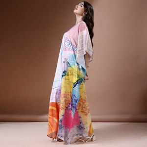 High Quality Designer Turkish Style <b>Kaftan</b> Women Polyester Handmade Batwing Sleeves V Neck Regular Fit Flared Hem Midi Eid - Product Image 1