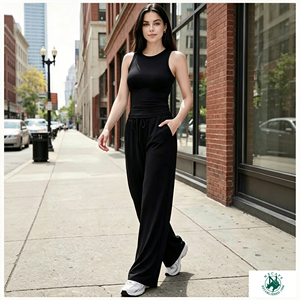 Ensemble de détente 2 pièces pour <span class=keywords><strong>femme</strong></span>, été, respirant, doux, débardeur et <span class=keywords><strong>pantalon</strong></span> large taille haute avec poches, pour l'extérieur - Product Image 2