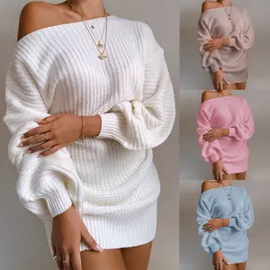 Autumn and Winter Sweaters European and American Casual Off Shoulder Lantern Sleeves Long Sleeve Knitted Woolen Dress