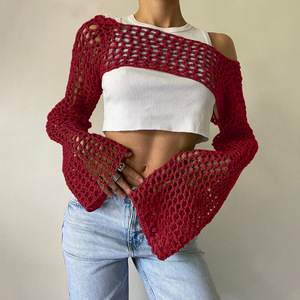 HANO Langarm Stricken Crop Tops Frauen Sommerfest Strand Sexy Hollow Out Kittel T-Shirts Fairy Y2k Kleidung - Product Image 5