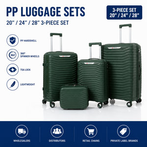 <span class=keywords><strong>Valise</strong></span> de voyage rigide en PP vert foncé, ensemble de 3 pièces avec serrure à combinaison, coque côtelée, poignée OEM, assortiment de stock - Product Image 1