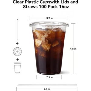 Gobelets en plastique 16oz avec couvercles et pailles, jetables, sans BPA, qualité alimentaire, pour café, à emporter, pour fêtes, lot de 100 - Product Image 2