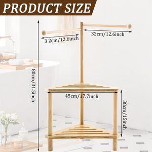 Bamboo Three Tier Storage Rack Natural Wood Color <b>Freestanding</b> Bathroom Organizer With Towel <b>Bar</b> And Footrest - Product Image 3