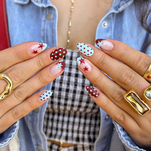 <span class=keywords><strong>Faux</strong></span> <span class=keywords><strong>ongles</strong></span> à pression Stiletto, bleu et <span class=keywords><strong>bordeaux</strong></span> à pois avec motif étoile, <span class=keywords><strong>faux</strong></span> <span class=keywords><strong>ongles</strong></span> réutilisables en ABS pour femmes - Product Image 2