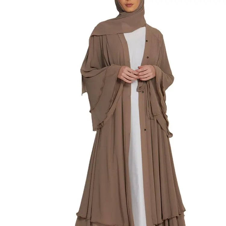 Nueva llegada de ropa de lujo para mujer Abaya abierta con vestido interior de gasa sólida Brazo largo Estilo simple-Vestido islámico caqui
