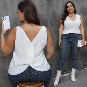 <span class=keywords><strong>Pull</strong></span> en maille blanc à dos croisé et col en V surdimensionné pour femmes, taille plus, sexy, débardeur en maille pour femme, fabriqué en usine - Product Image 1