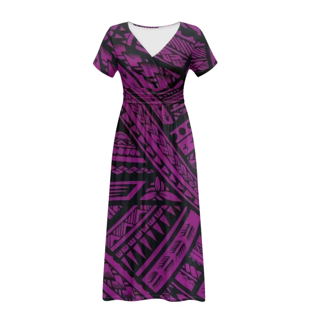 High Quality Polynesian Purple Tribal Printing Girls Short Sleeve Maxi Dresses Casual Long Women's Clothing Summer 2023 Dresses
