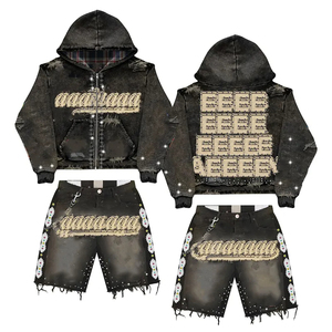 Custom <strong>Patch</strong> Embroidery Cotton RhinestoneTracksuit Vintage Wash Distressed Denim Hoodie Jacket and <strong>Shorts</strong> for <strong>Men</strong> - Product Image 3