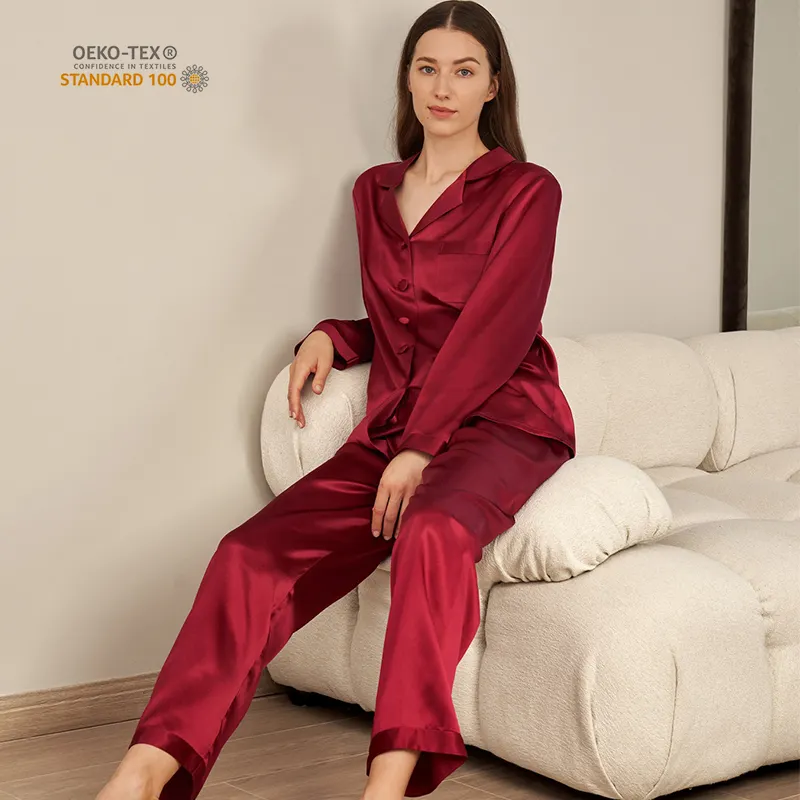 Lüks iki adet özel boyut 100% ipek pijama klasik tam boy ipek kadın pijama seti