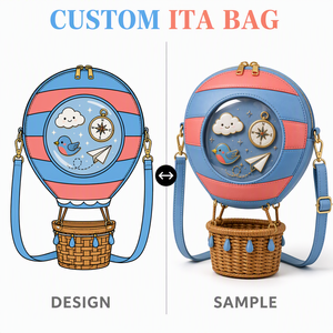 Mochila Dreamy <span class=keywords><strong>Sky</strong></span> <span class=keywords><strong>Voyage</strong></span> Balloon Ita Bag de cuero con ventana abovedada, rayas azules y rosas, y dijes de nube sonriente, pájaro, avión de papel y brújula - Product Image 1