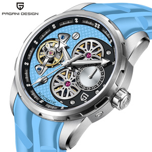 PAGANI Design Men's Mechanical <b>Skeleton</b> <b>Watch</b> <b>Automatic</b> Luminous Blue Fluororubber Strap 100m Waterproof Stainless Steel Case - Product Image 1
