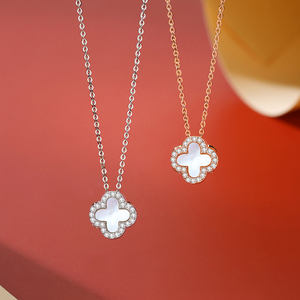 Kalung liontin tulang kerah perak 925, mewah 4 daun pesona kalung tatahan ibu dari mutiara untuk pesta ulang tahun pertunangan pernikahan - Product Image 3