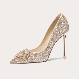 女性用ウェディングシューズフレンチスパンコールダイヤモンドクリスタルスリップオンクロージャー薄いウェッジヒール高さ増加光感 - Product Image 1