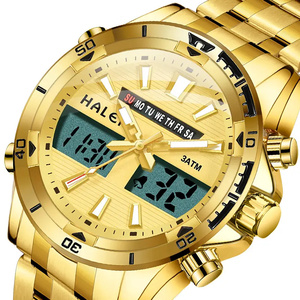 Envío Directo HALEI Reloj de Cuarzo Analógico-Digital Dorado para Hombre, Cristal Mineral, Resistente al Agua 3ATM, Estilo Deportivo, Movimiento Japonés - Product Image 4
