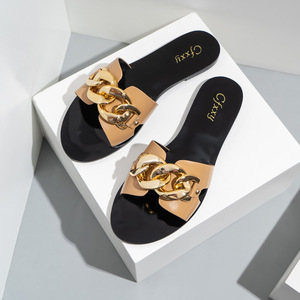 Korean Latest Summer Metal OAutersole Women Pu Leather Slide <b>Slippers</b> Fashion Chain All-match Womens Sandals - Product Image 1