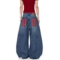 YUANBOFEI Jeans amples bleus personnalisés, style vintage américain, patchwork à carreaux, denim à jambes larges, super confortables pour un usage quotidien