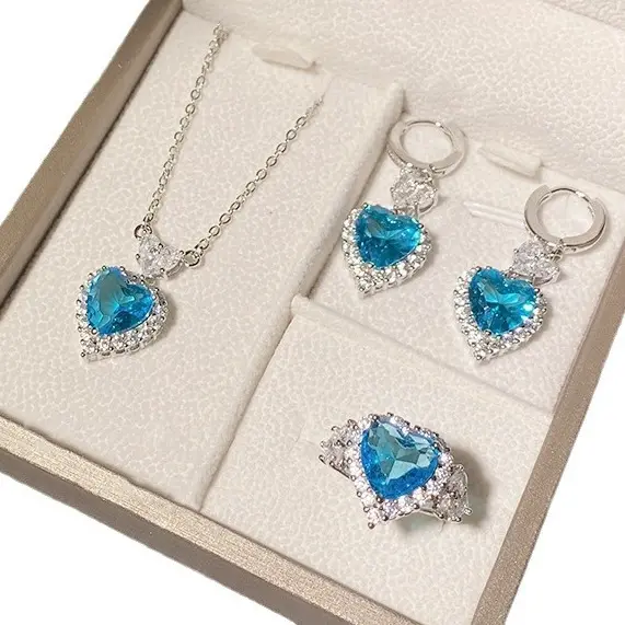 Pendientes de piedras preciosas de corazón de Aguamarina brillante Zirconia azul collar de diamantes brillantes conjuntos de joyería para mujer 2023