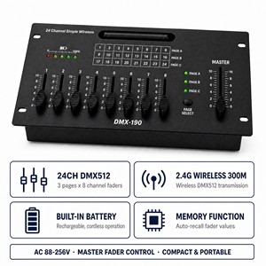 คอนโทรลเลอร์ DMX ไร้สาย 24CH DMX512 2.4G 300ม. คอนโซลควบคุมไฟเวที แบตเตอรี่ในตัว พร้อมฟังก์ชั่น <span class=keywords><strong>MASTER</strong></span> Fader สำหรับงานปาร์ตี้ งานแต่งงาน และบาร์ - Product Image 3