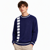 Pull en maille jacquard fin respirant en terylène à col en V, style preppy, unisexe, à manches longues, pour l'hiver