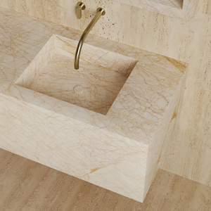 Lavabo da bagno monoblocco in marmo intero, design a incasso profondo con doppio lavabo, tonalità neutra chiaro, moderno, per concetti di bagno open space - Product Image 2