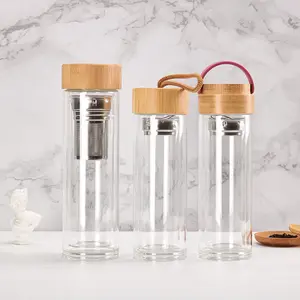 17 OZ Double Wall Borosilicate Glass 500ml Water Bottle Fruit Infusion Long Tea Infuser Glass Drinking Bottle With Bamboo Lid