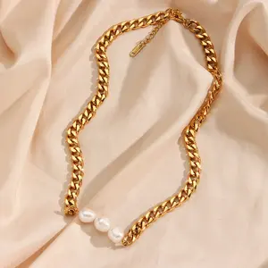 Fashion Trendy 18K Gold Plated Cuban Chain Natural Fresh Water Jewelry Stainless Steel Pearl Pendant Necklace