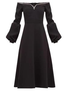 Mode Solide Noir à épaules dénudées <span class=keywords><strong>Embelli</strong></span> Crêpe Robe Midi Femme Dames Longue Robe Décontractée - Product Image 6