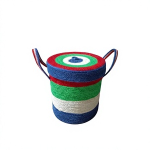 Colorful Striped Woven Storage Basket with <b>Lid</b> and Handles Round Fabric Organizer <b>Bin</b> for Clothing and Office - Product Image 4