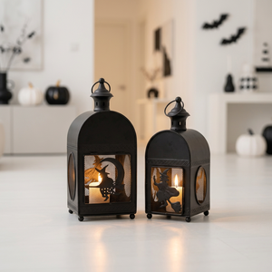 Manufacturers Halloween Decorative Metal Candle Lanterns with Flying Witch Cutout and Mesh Design - Product Image 1